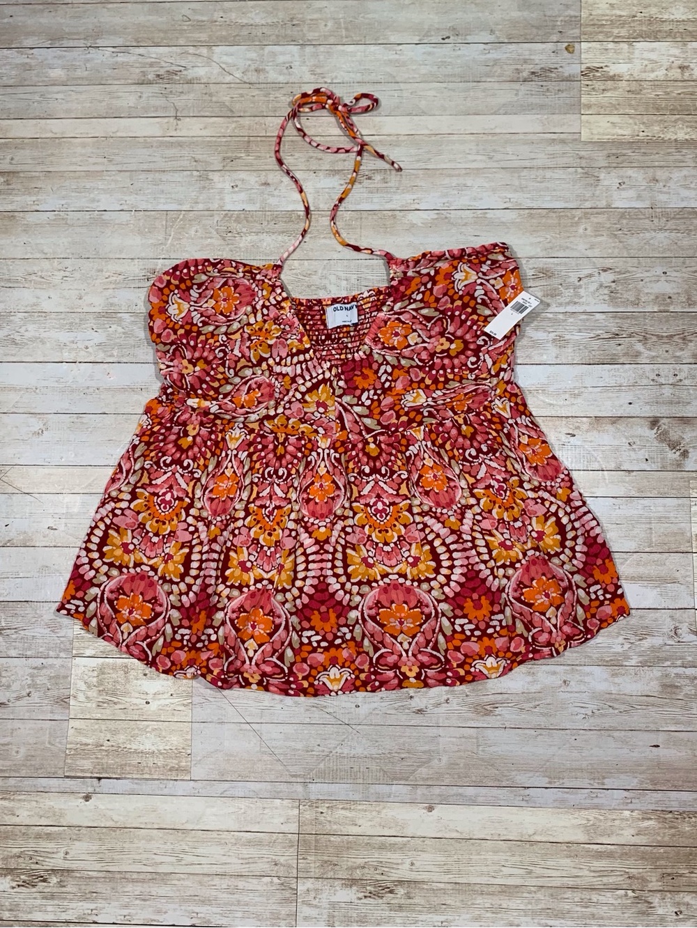 Old Navy Crinkled Floral Halter Top Lightweight Smocked Size L NWT Pink Orange